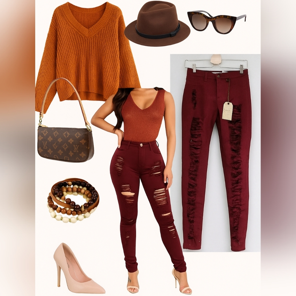 Vibrant Miu Burgundy Red Extreme Distressed Skinny Jeans